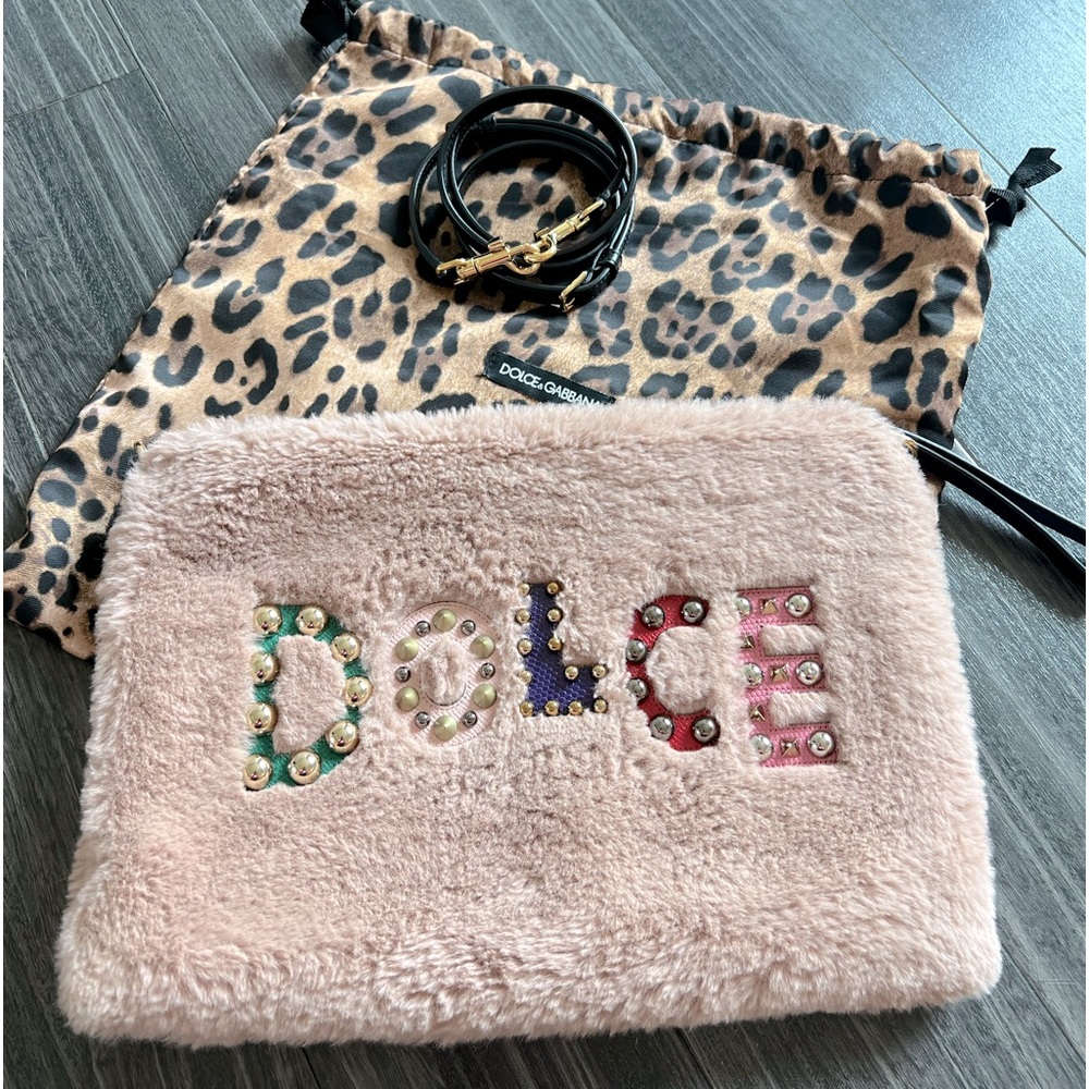 DOLCE& GABBANA Logo Faux Fur Crossbody/Wristlet Pink Purse